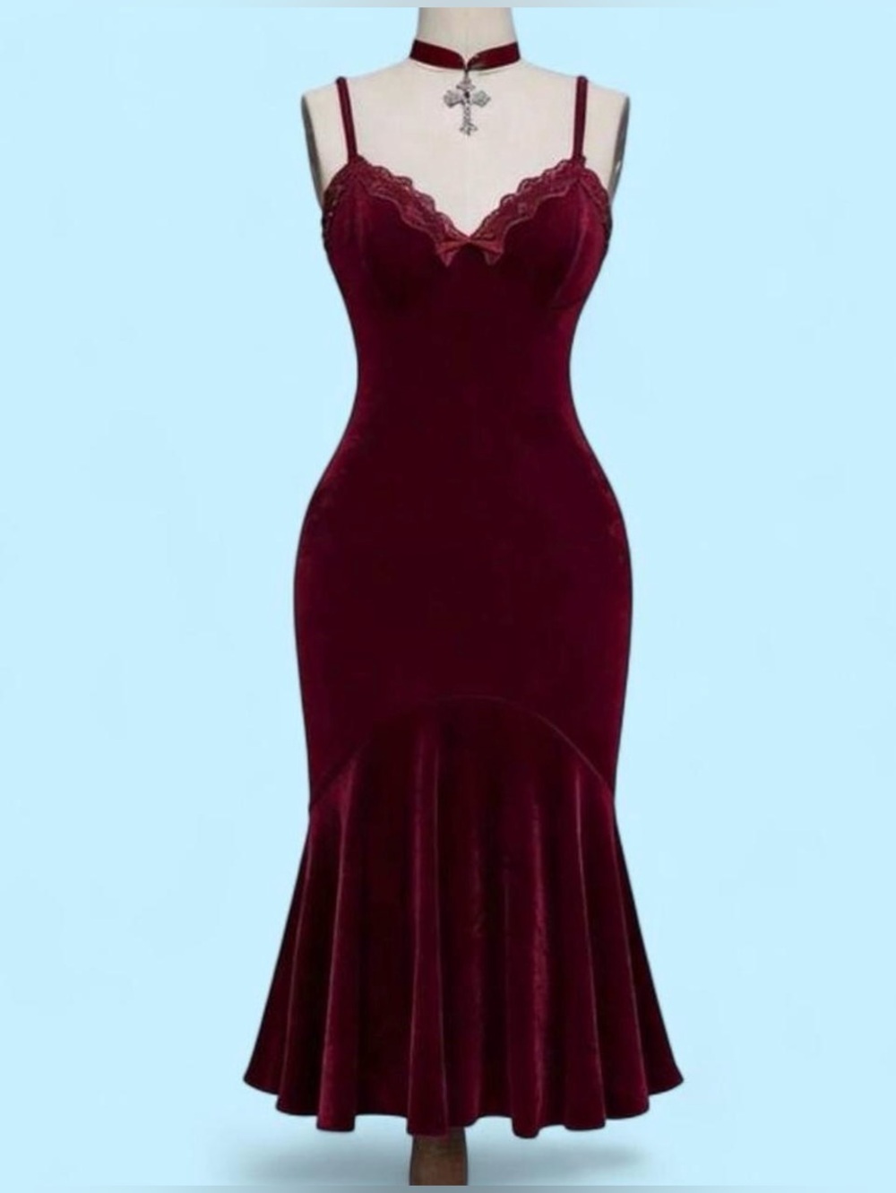 ROMWE Burgundy Velvet Mermaid Maxi Dress with Lace Trim